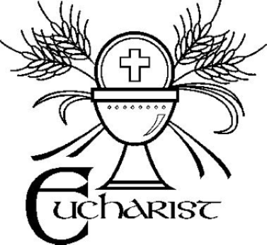 Picture of Consecrated Host, Chalice & wheat with the word "Eucharist" beneath